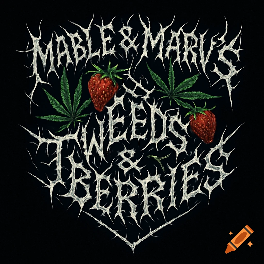 Death metal style logo with text 'Mable & Marv's Tweeds & Berries', flanked by strawberries and cannabis leaves on a black background.