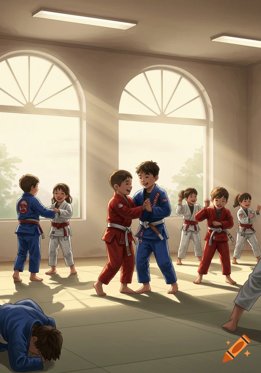 Illustrated group of children in red and blue gis practicing Brazilian Jiu-Jitsu in a sunlit dojo.