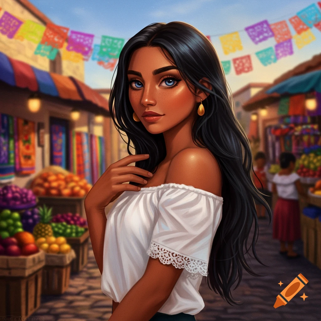 Attractive young woman in white off-shoulder blouse at a vibrant Mexican market with colorful flags, digital art.