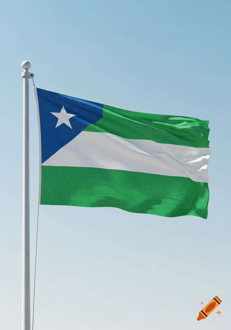 A flag with horizontal green-white-green stripes and a blue triangle with a white star on the hoist, against a blue sky.