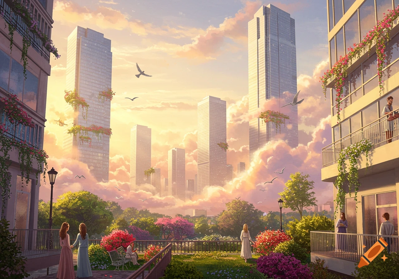 A beautiful utopian cityscape with tall skyscrapers adorned with lush greenery, surrounded by fluffy clouds at sunset, and vibrant gardens with people walking and relaxing.