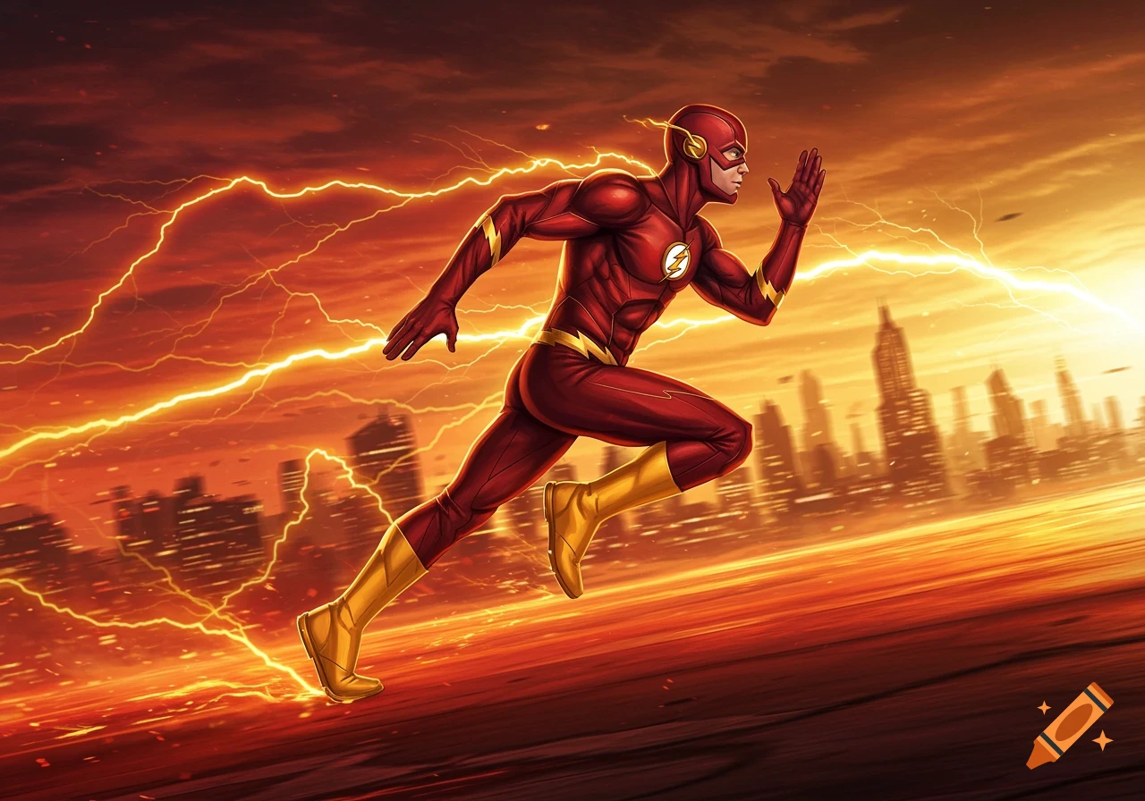 A red-suited superhero, The Flash, runs at high speed, leaving yellow lightning trails, against a dramatic orange and red city skyline.