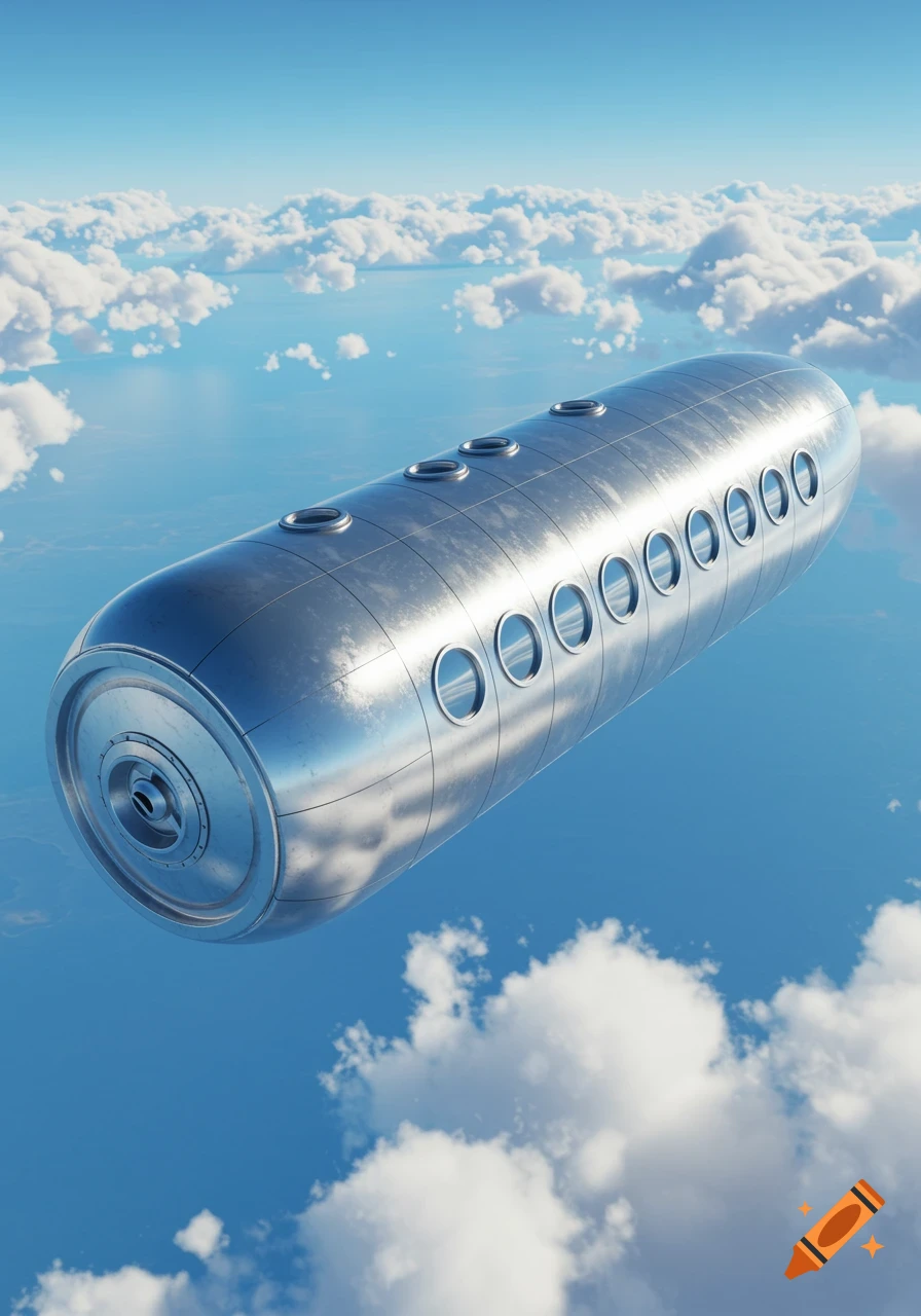 A shiny metallic cylinder with rows of windows floats above the clouds in a bright blue sky.