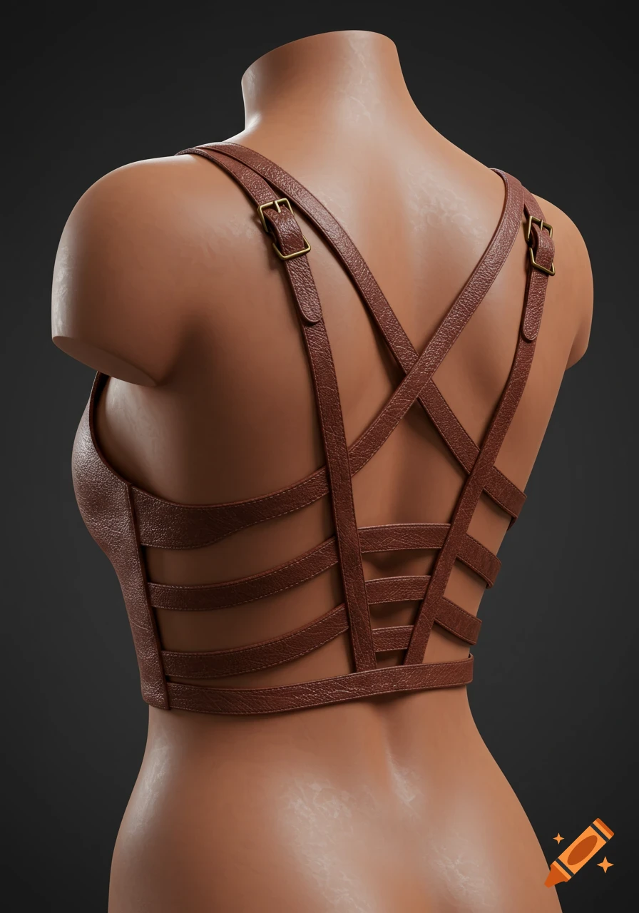 Rear view of a brown leather top with intricate straps on a headless mannequin.