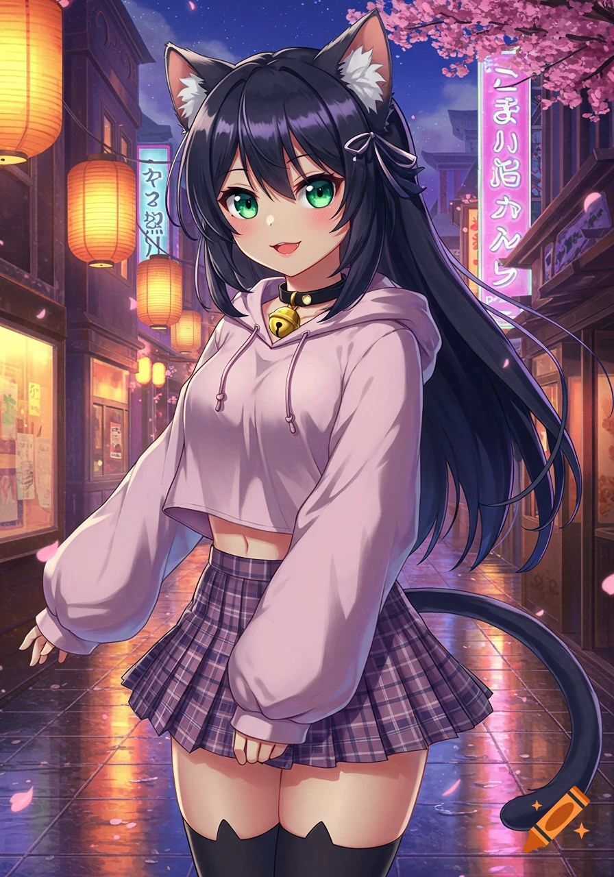 An anime cat girl with black hair, green eyes, cat ears, and tail, wearing a pink crop hoodie and plaid skirt, standing on a rainy street at night.