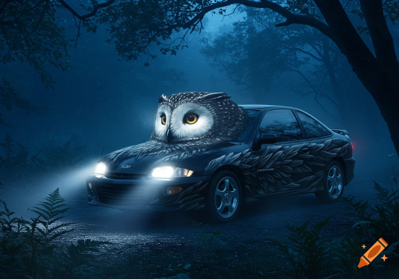 A dark, moody image of a black car with an owl's head and feathers, driving through a misty forest at night with its headlights on.
