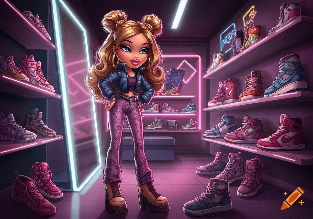 Bratz-style doll with space buns in a vibrant pink and purple sneaker store, posing among shelves of shoes.