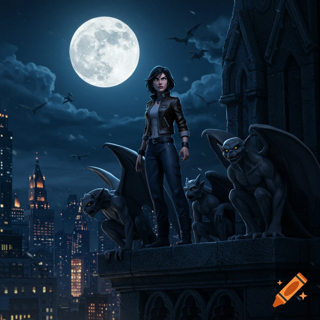 A woman in a leather jacket stands on a gothic rooftop with gargoyles and bats under a full moon, overlooking a city at night.