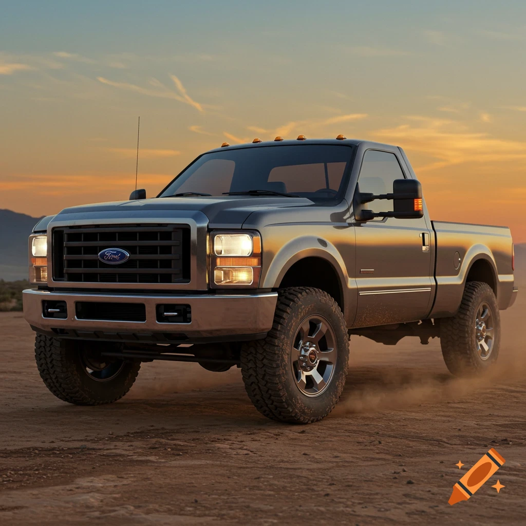 Photorealistic image of a gray Ford pickup truck on a dirt road, kicking up dust against a vibrant sunset sky.