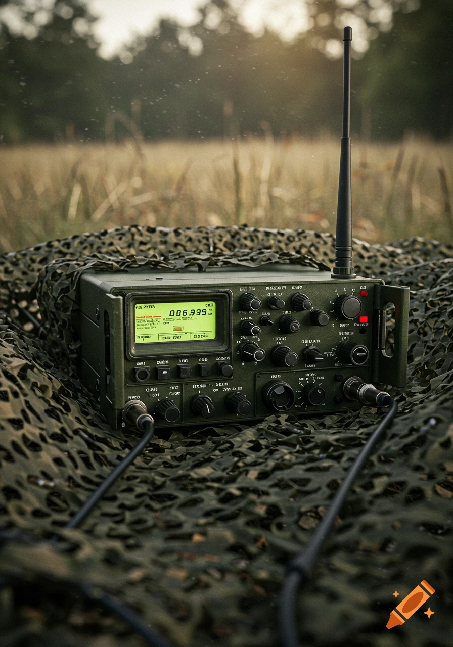A green AN/PRC-117F military radio with an antenna and cables, resting on a camouflage net in a grassy field.