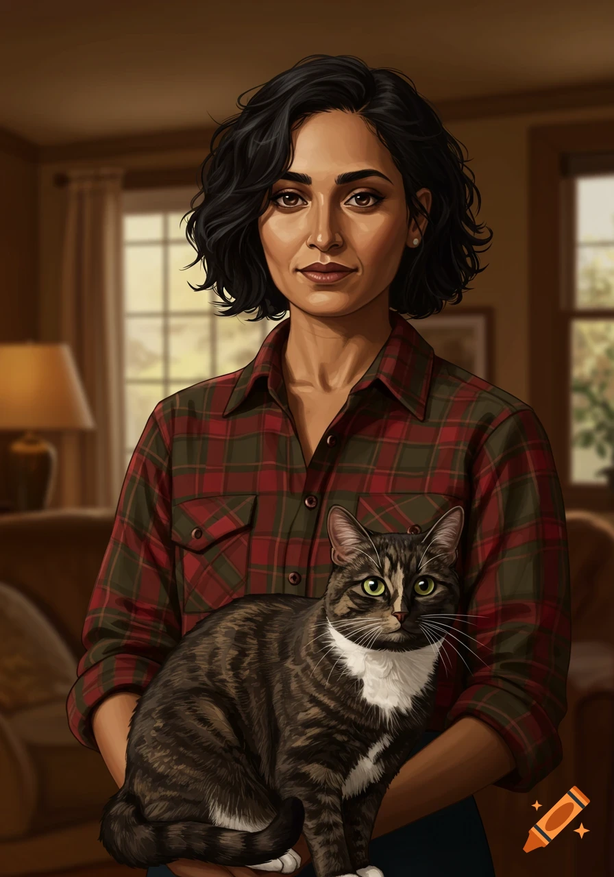 An illustrated portrait of an Indian American woman in a plaid shirt holding a tortoiseshell cat with green eyes and white chest.