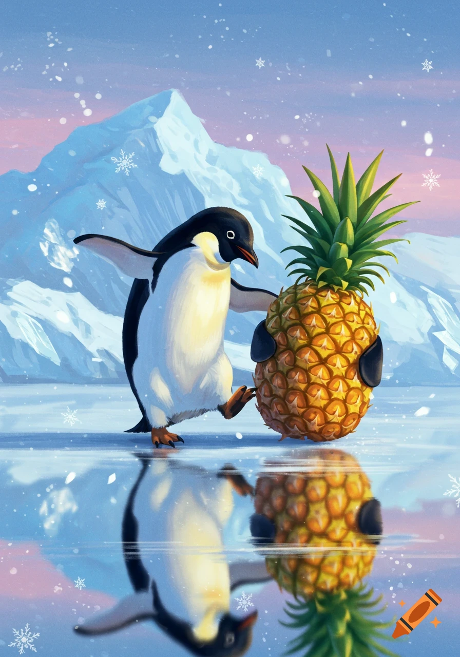 A happy penguin pushes a large pineapple across a frozen lake, surrounded by snow-capped mountains and falling snowflakes.