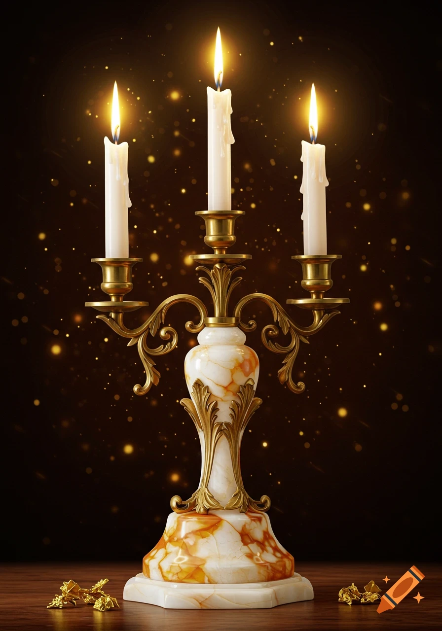 An ornate baroque-style three-candle candlestick made of brass and white marble with orange veins, glowing warmly against a dark, sparkling background.