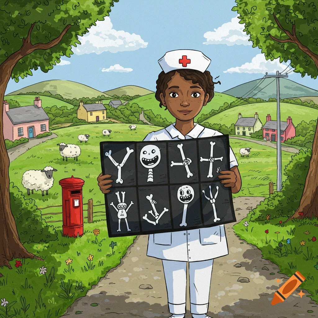 A cartoon brown skin nurse holds an X-ray of stylized bones in a rural Irish landscape with sheep and cottages.