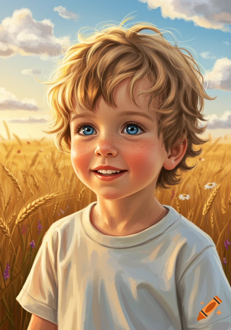 Painted portrait of a smiling blond boy with blue eyes and freckles in a sunny wheat field.