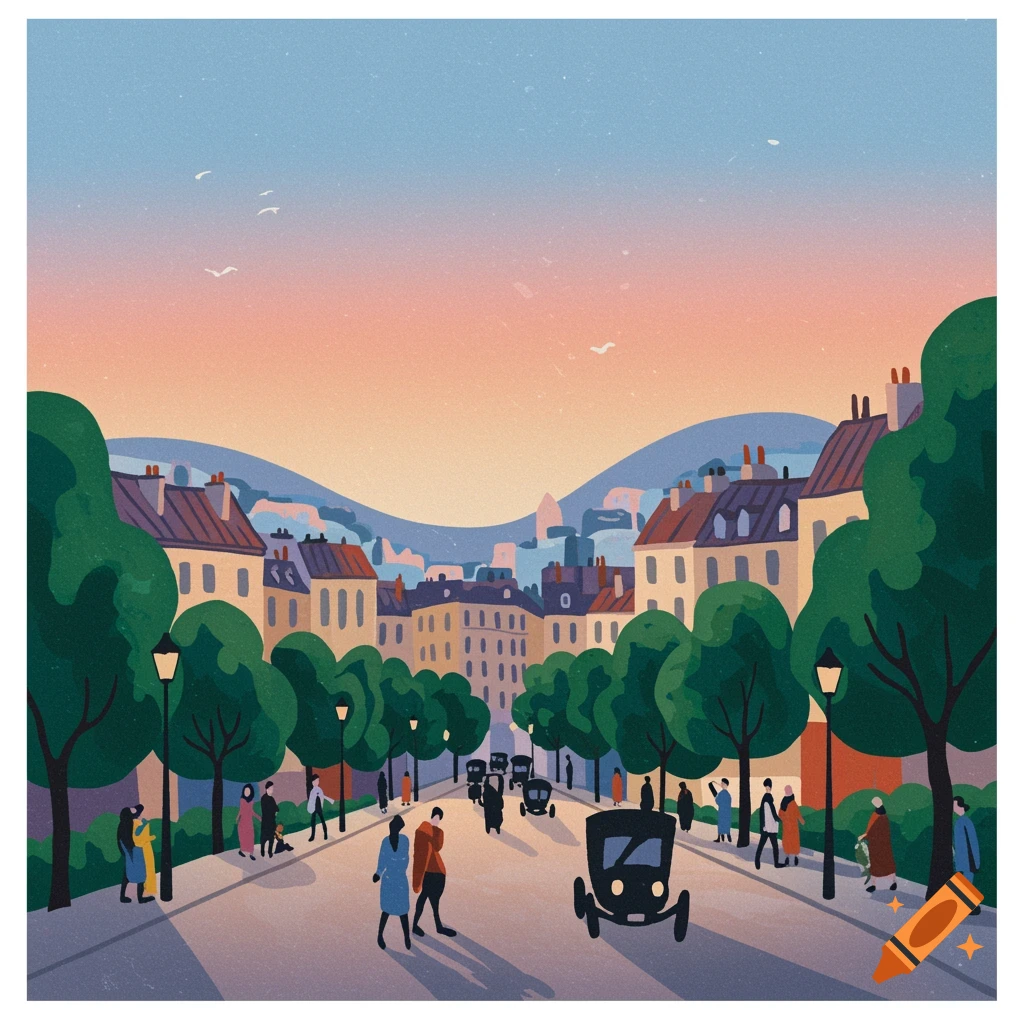 A vibrant, stylized illustration of a city street scene with people, vintage cars, and buildings, in the style of Matisse.