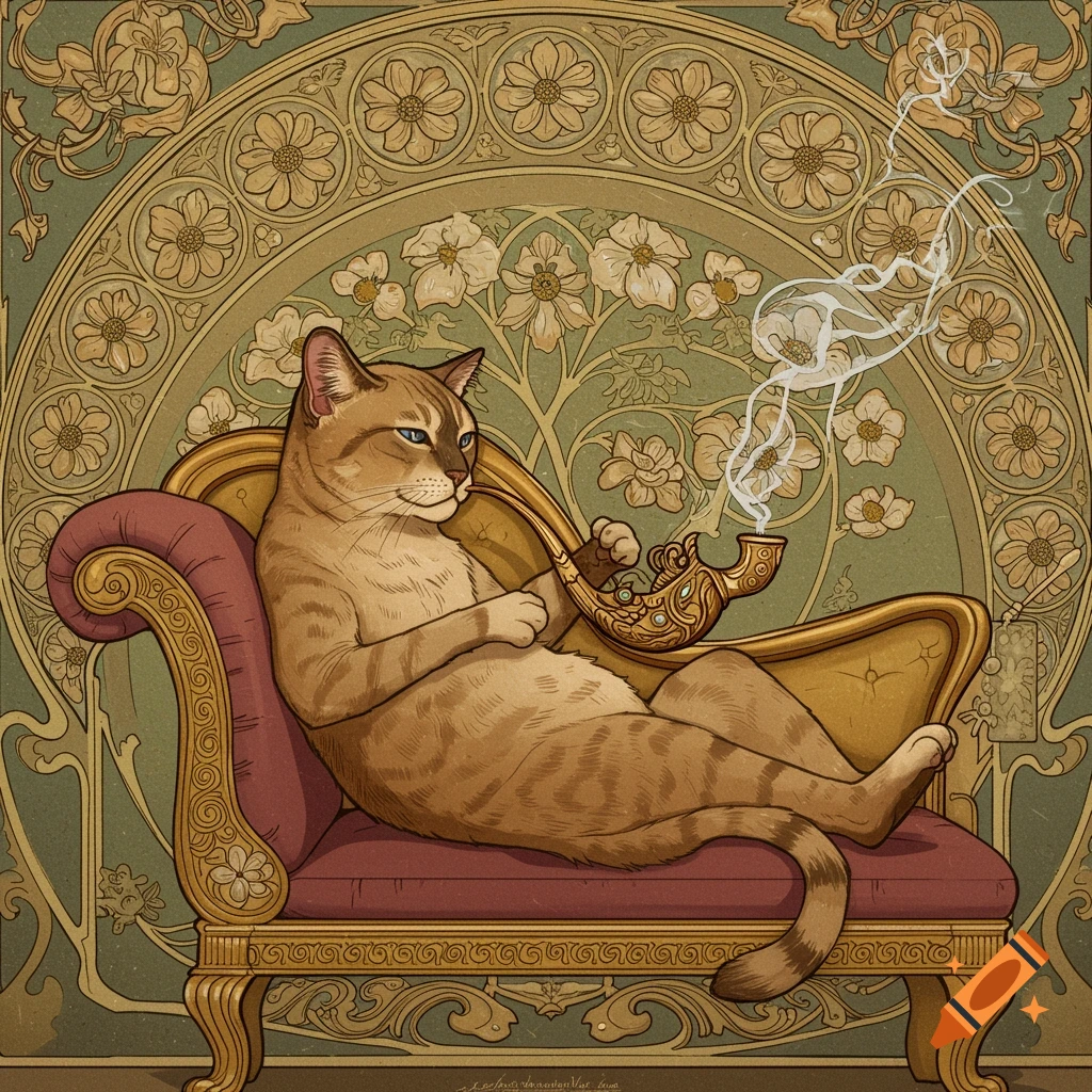 An Art Nouveau illustration of a tabby cat lounging on a chaise lounge and smoking an ornate pipe.