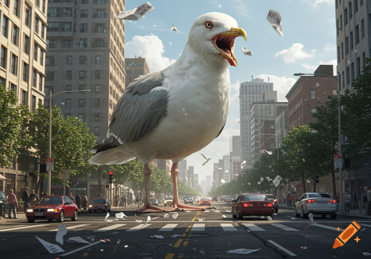 A massive, aggressive photorealistic seagull stands in the middle of a busy city street, disrupting traffic, with papers flying through the air.