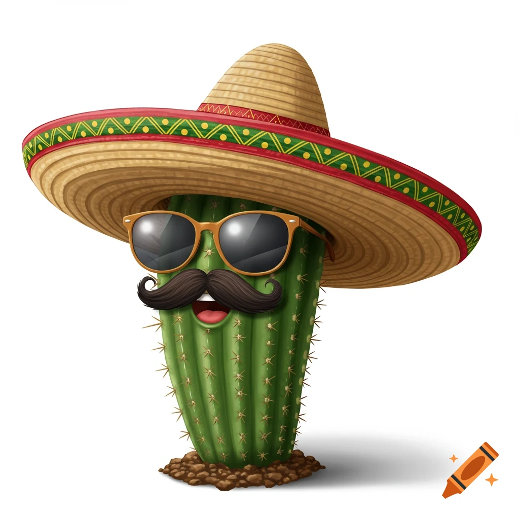 Cartoon cactus character wearing a sombrero, sunglasses, and mustache, standing on dirt.