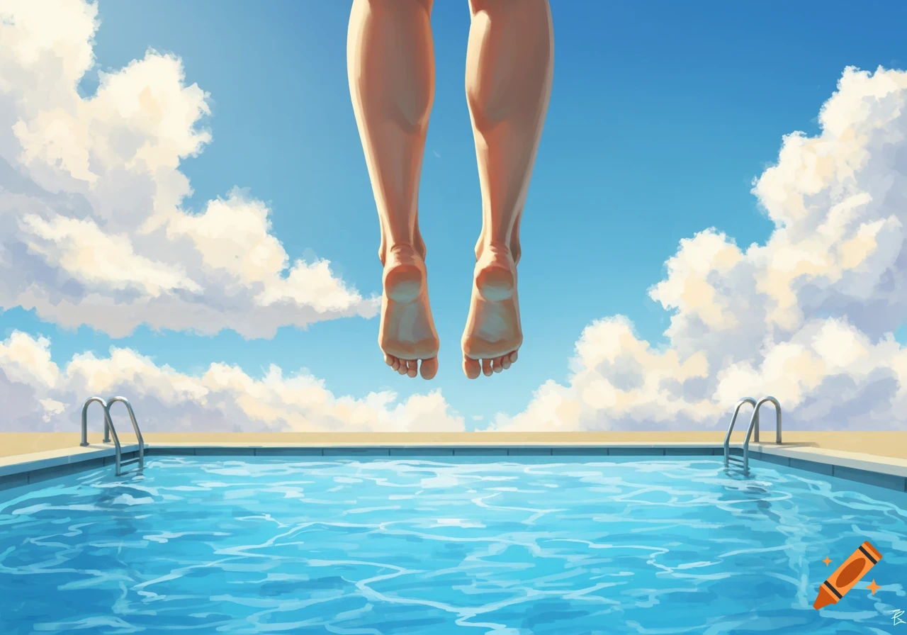 View from below of a person's legs and feet dangling above a bright blue swimming pool under a clear, cloudy sky, in a digital art style.