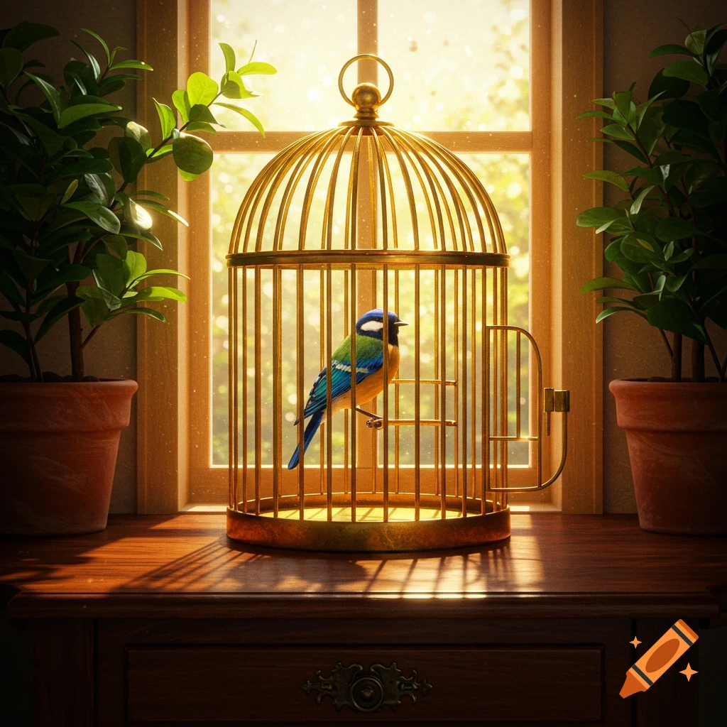 A vibrant bird in a golden cage with an open door on a wooden table, bathed in sunlight from a window, flanked by green potted plants.