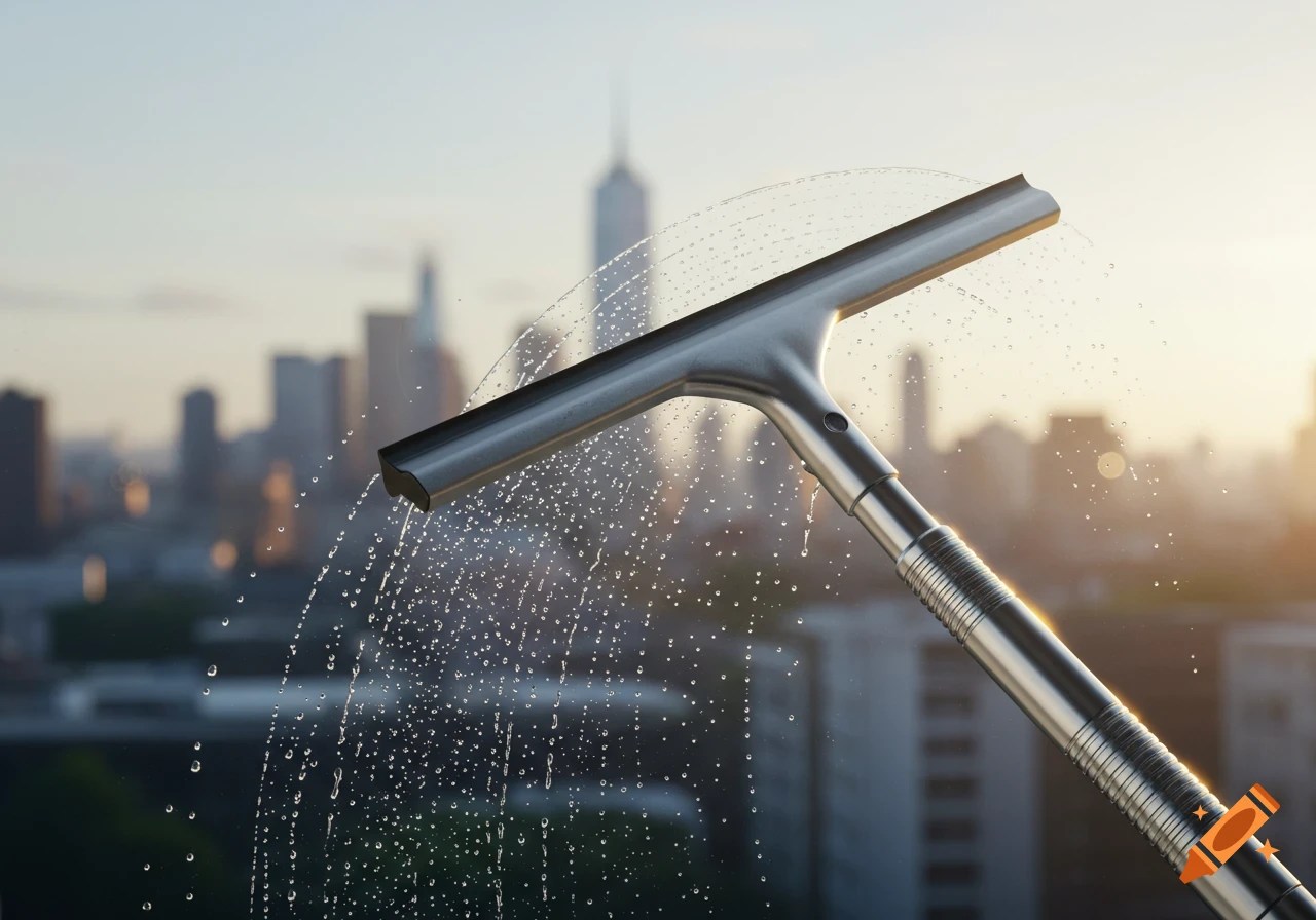 A photorealistic close-up of a window squeegee cleaning a window, with water spraying against a blurred city skyline at sunset.