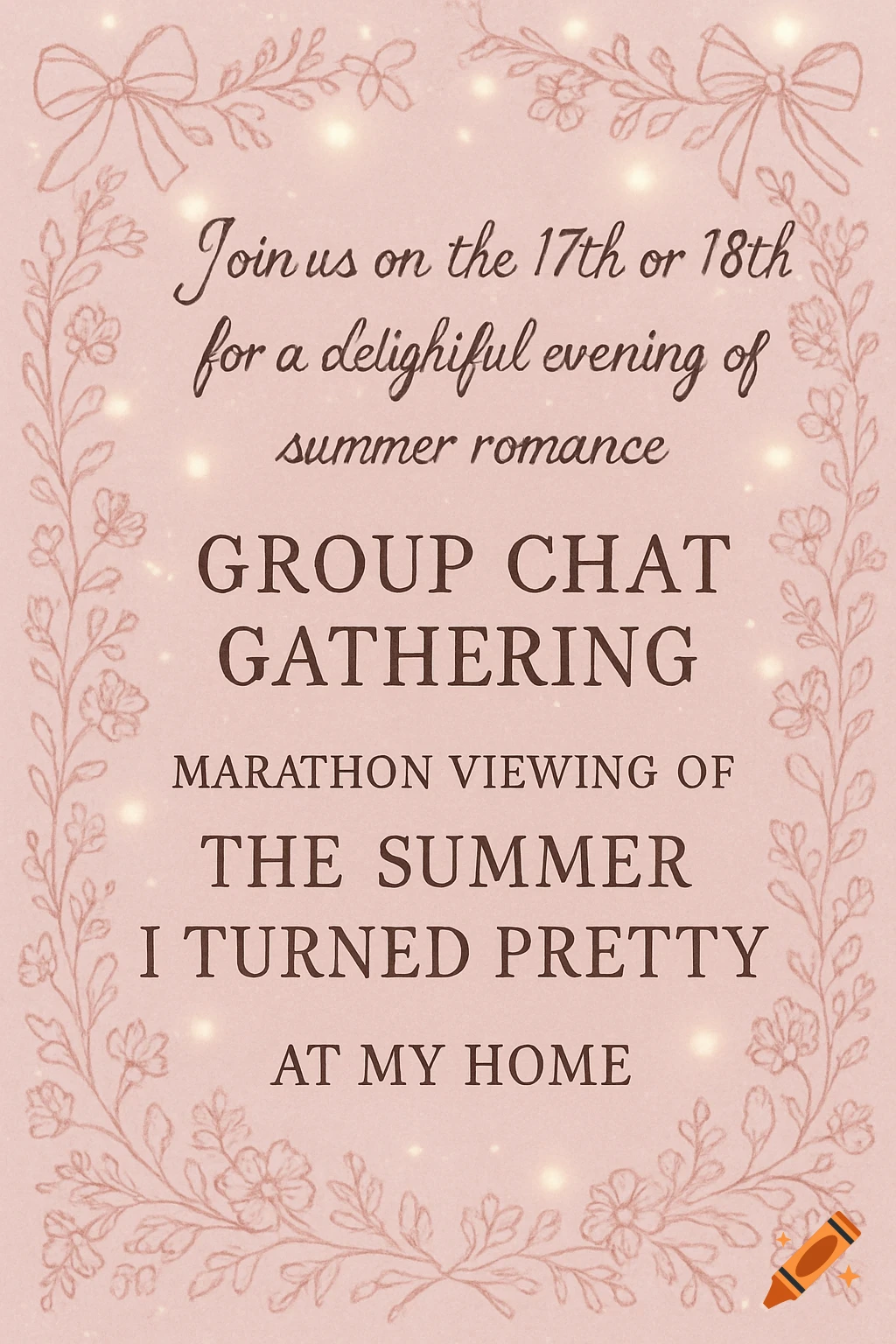 Pink invitation card with floral borders and bows, announcing a 'The Summer I Turned Pretty' viewing party on the 17th or 18th.