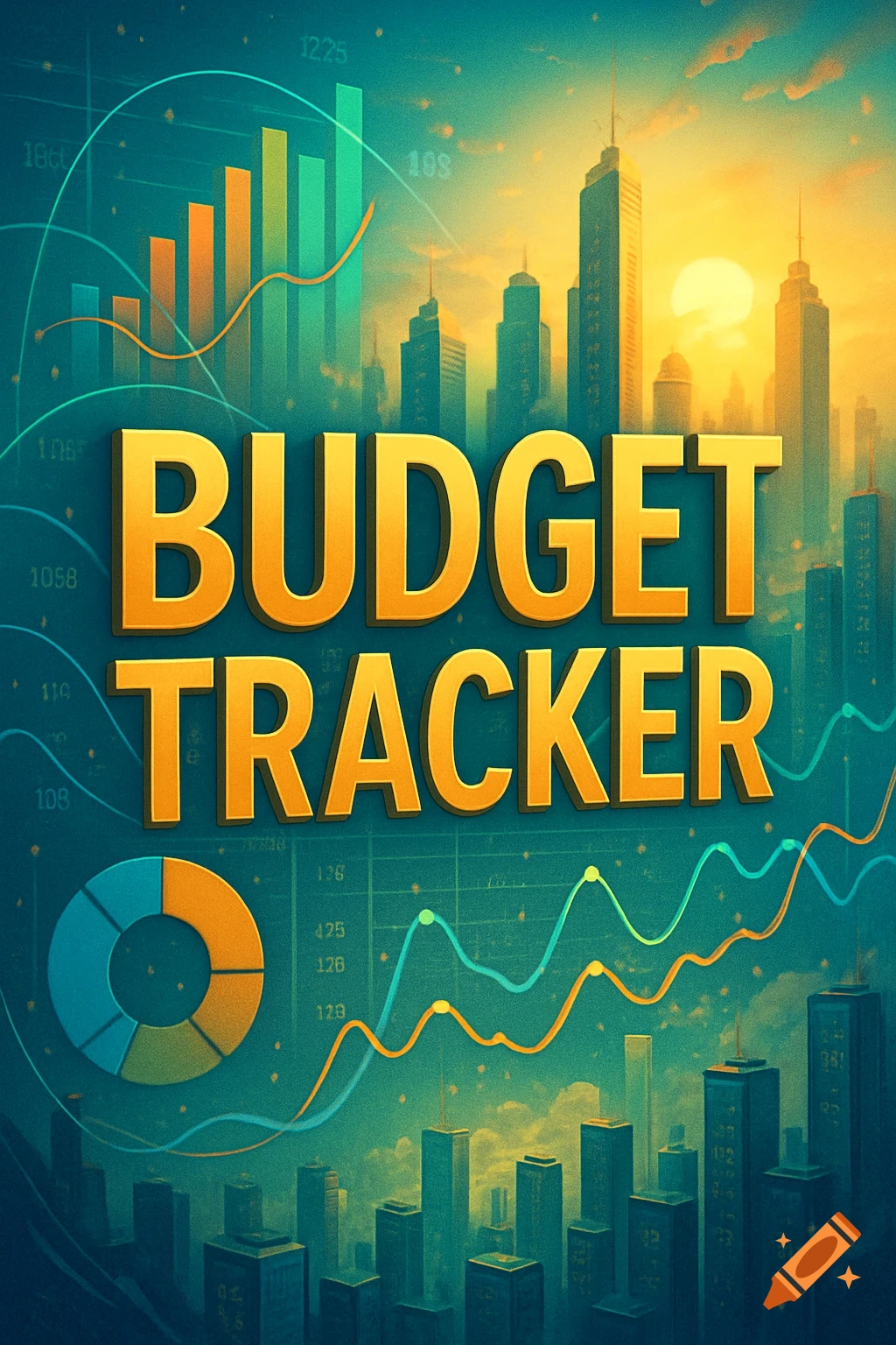 Vibrant, stylized cover for 'Budget Tracker', featuring 3D text over a teal and orange city skyline with financial graphs.