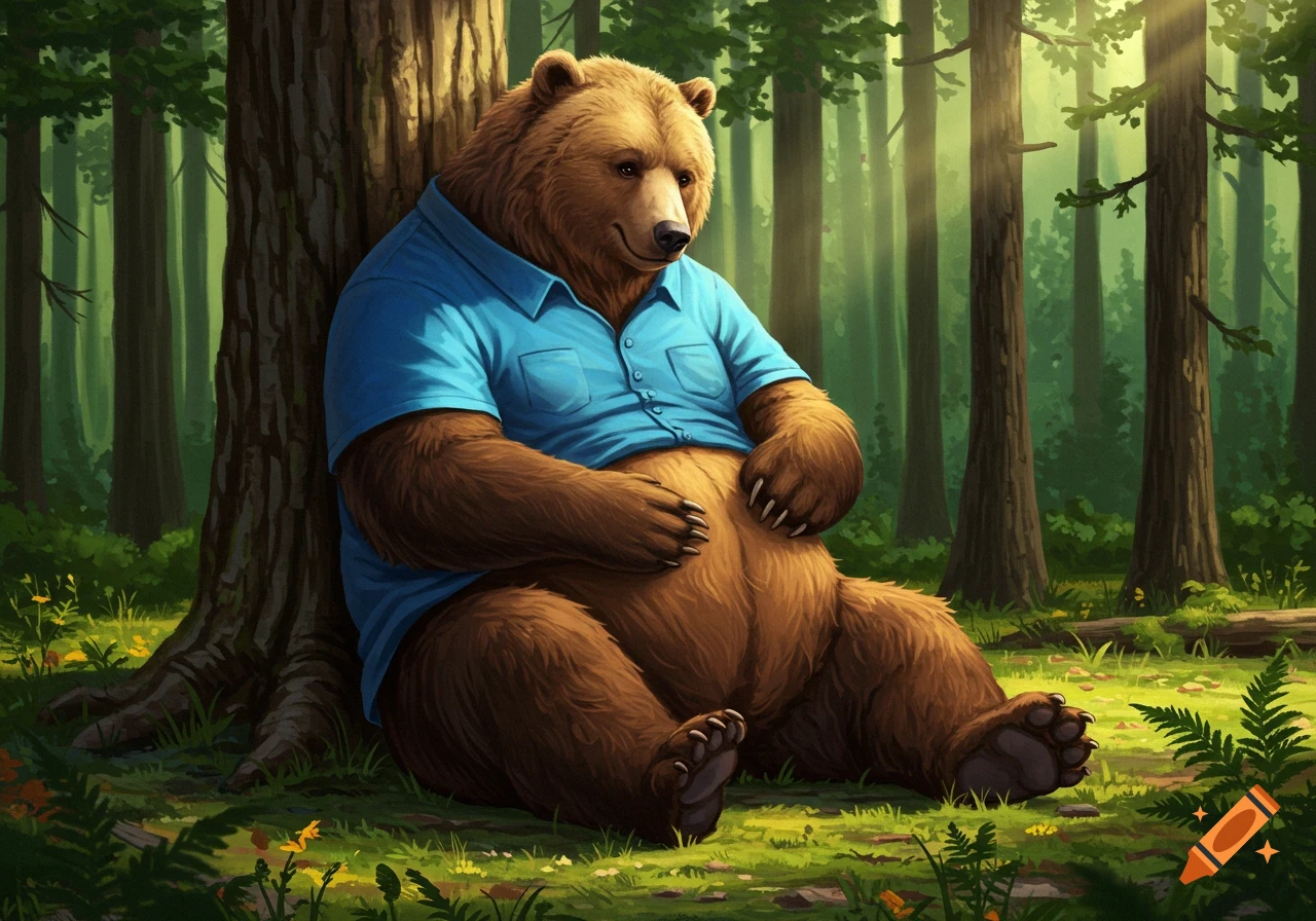 A large brown bear wearing a blue shirt sits in a sunny forest, rubbing its belly and leaning against a tree.