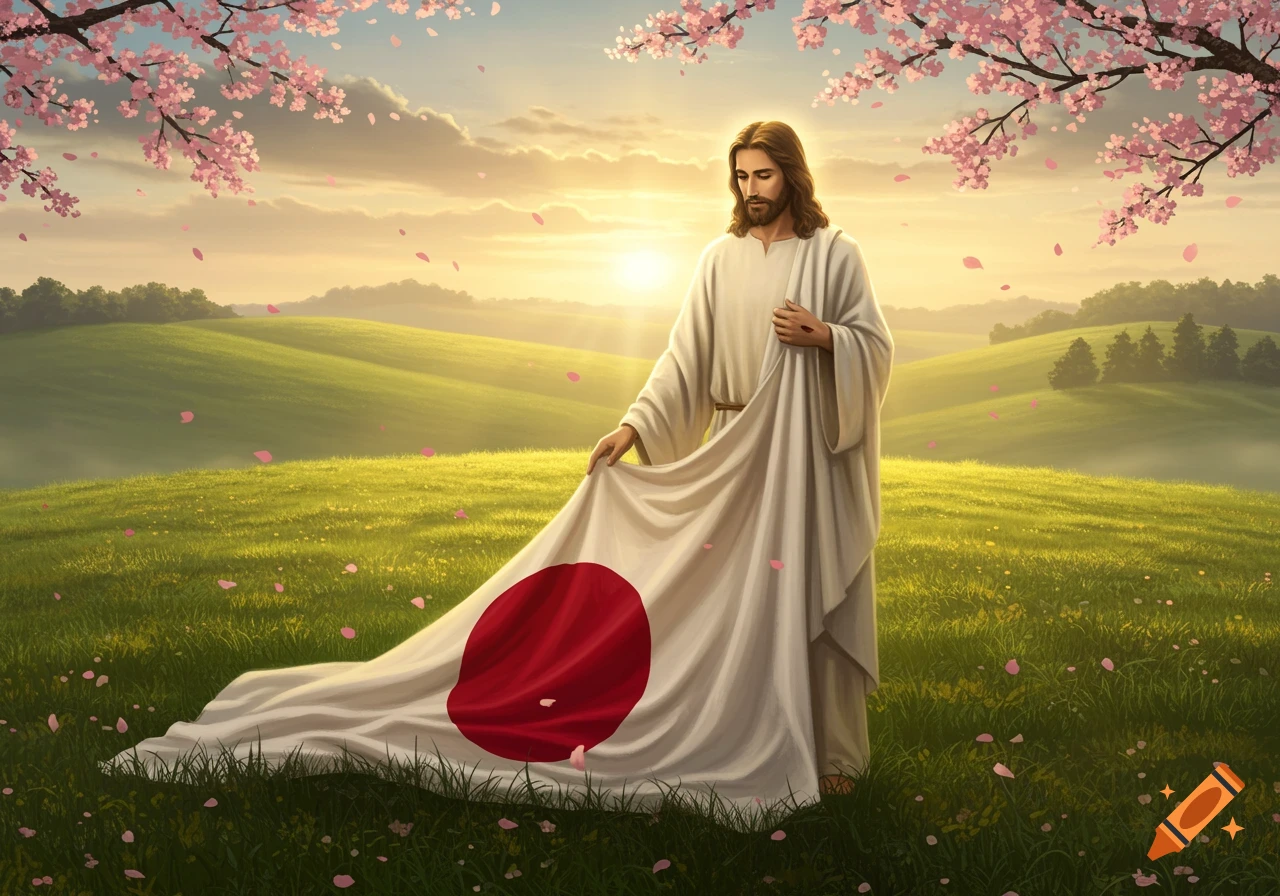 Jesus holding the Japanese flag in a vibrant green field under cherry blossoms and a golden sky.