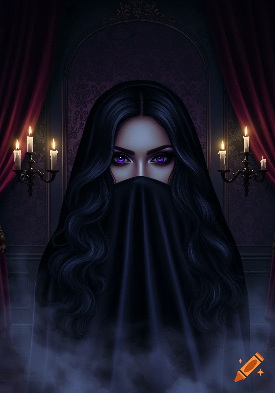 Mysterious Gothic woman with dark hair and striking purple eyes, her face partly veiled, in a candlelit, curtained room.