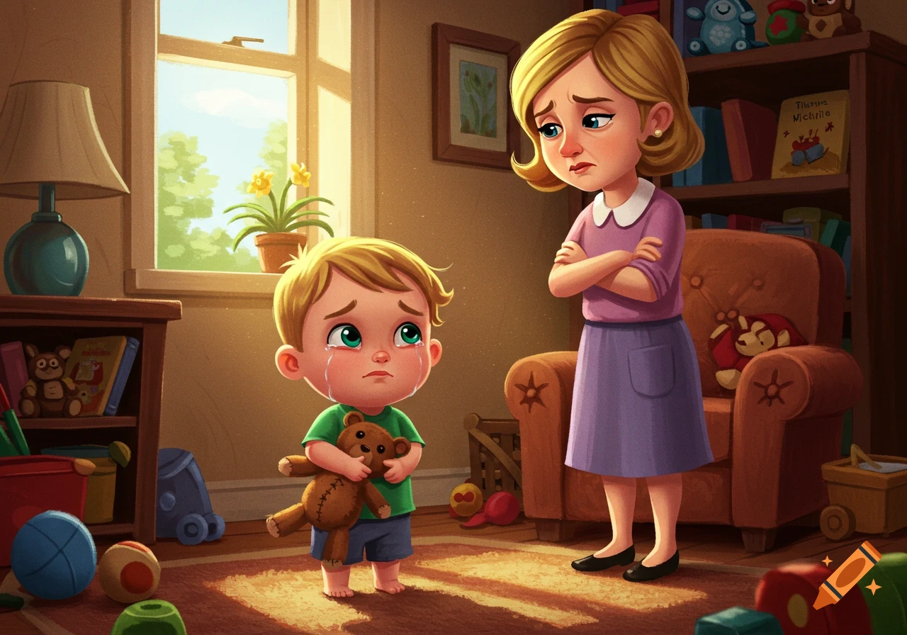 A cartoon illustration shows a young boy crying while holding a teddy bear, as his mother stands with arms crossed in a living room.