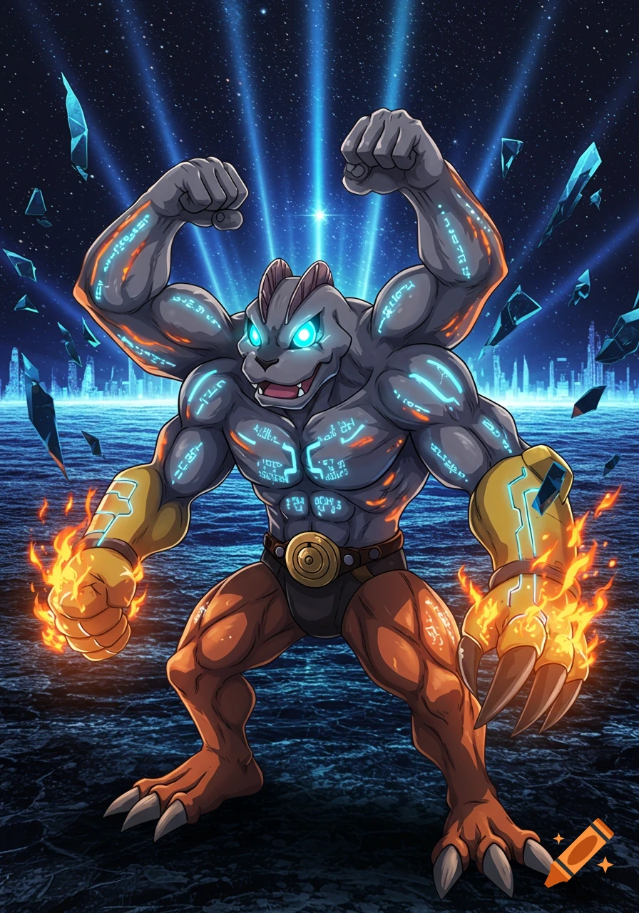 A muscular, four-armed monster-like creature with glowing blue eyes and glowing runes on its body, standing amidst a futuristic city under a starry sky with blue light beams.