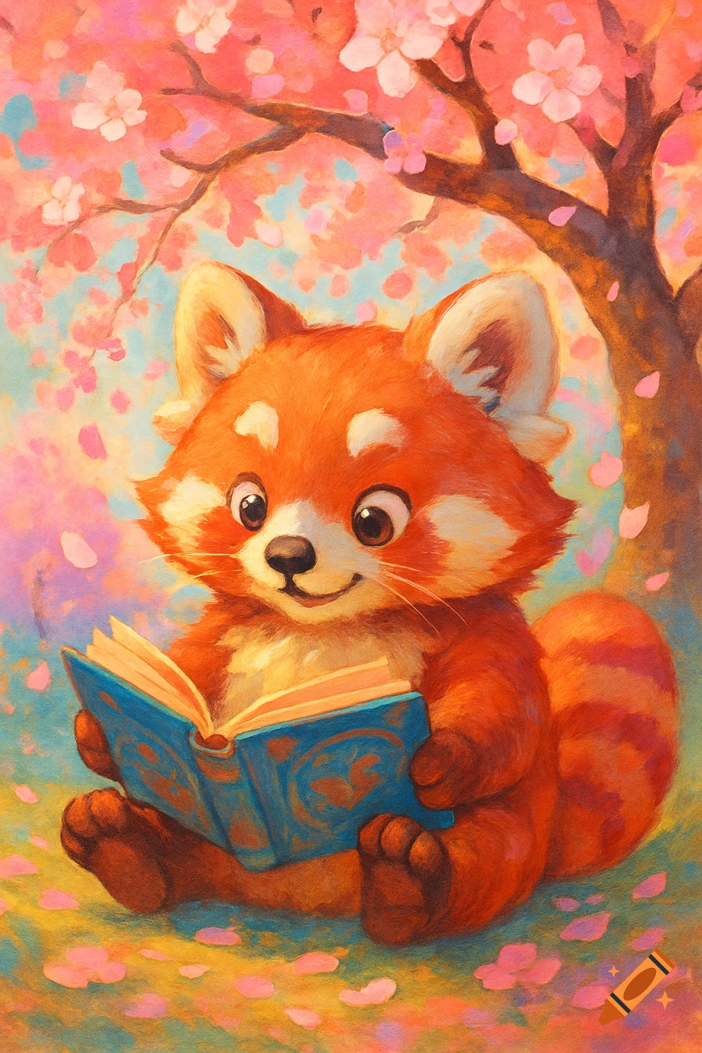 A cute cartoon red panda sits under a cherry blossom tree, engrossed in reading a blue book, in a painterly style.