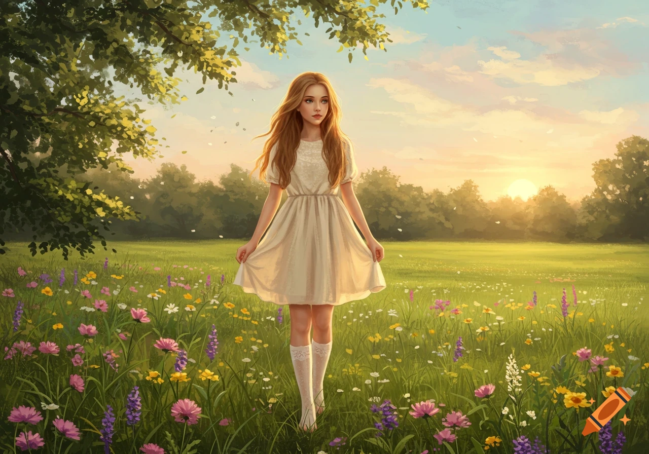 A girl with long hair in a white dress and socks stands in a field of colorful wildflowers at sunset.