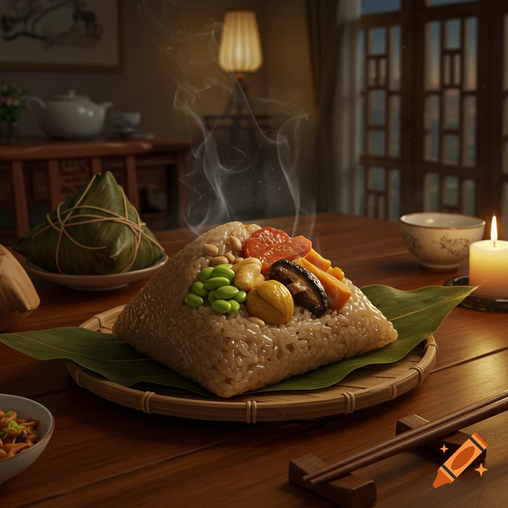 A steaming zongzi with visible fillings like peanuts, edamame, and mushrooms on a bamboo mat, next to a wrapped zongzi, chopsticks, and a candle on a wooden table in a warm room.