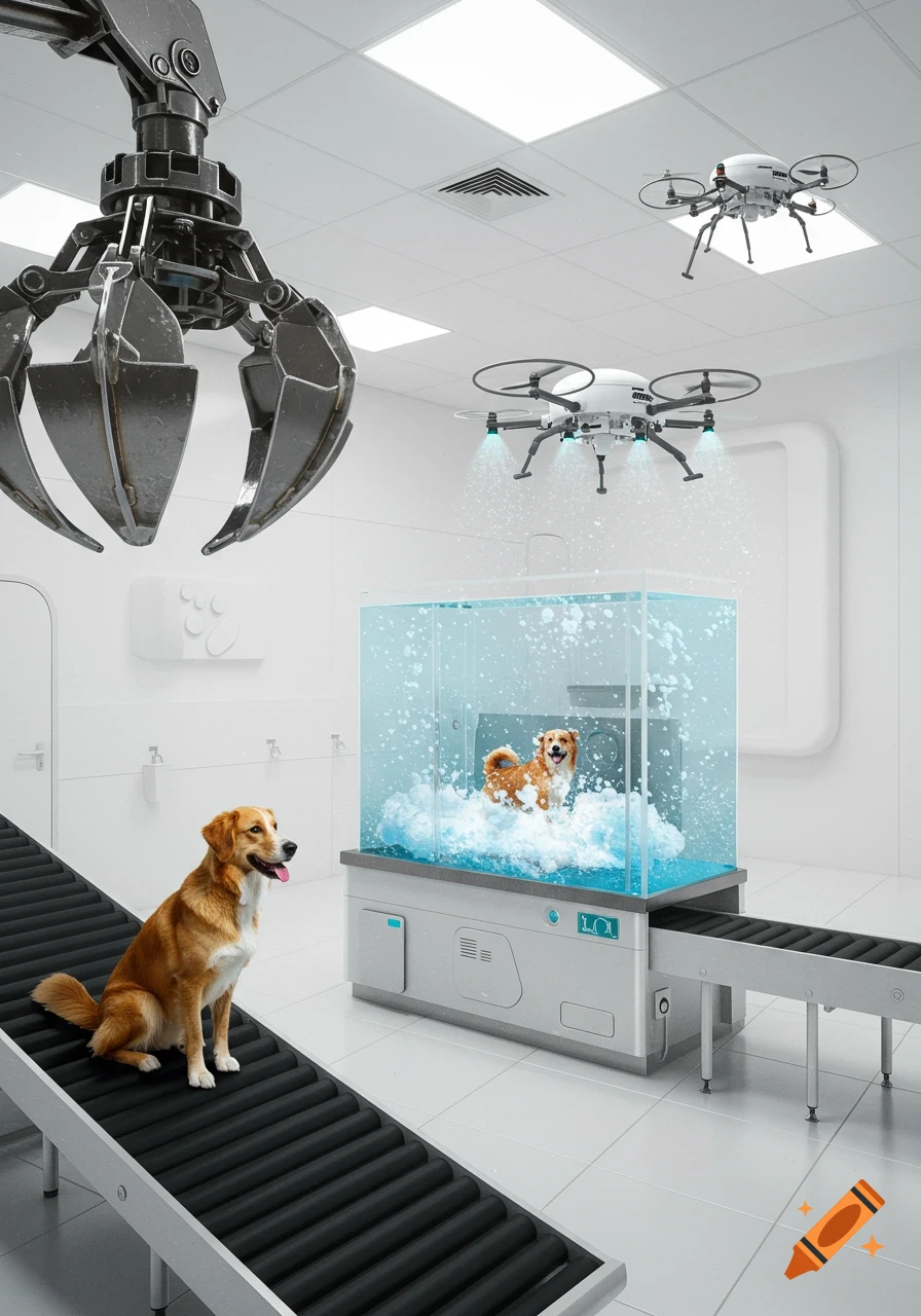 A photorealistic image of a futuristic automated dog washing station. A golden retriever sits on a conveyor belt while another is washed by drones.