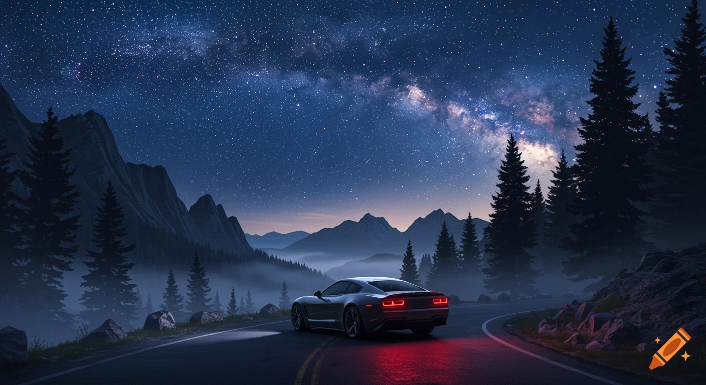 A grey sports car on a winding road at night, with mountains and a starry sky with the Milky Way visible.