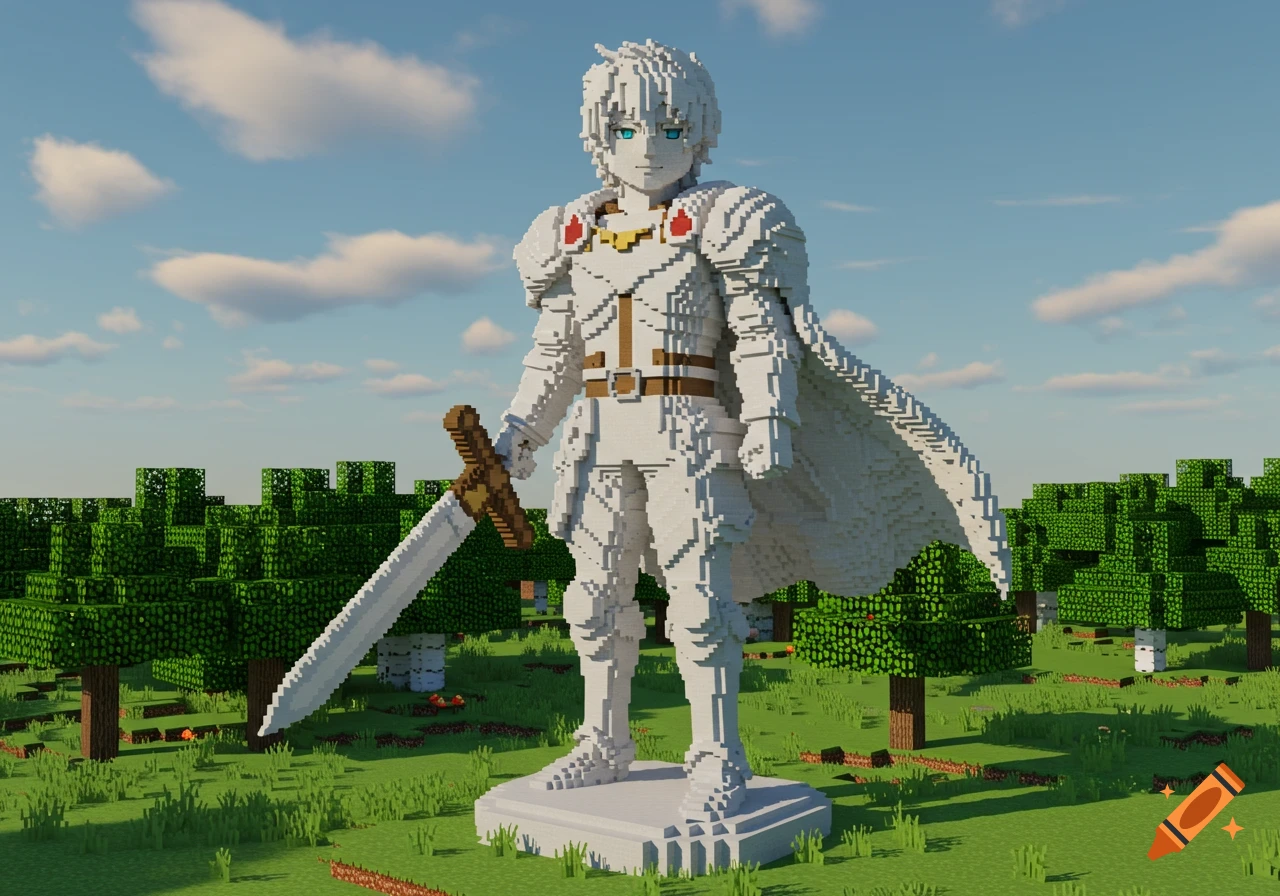 A blocky, white Minecraft-style statue of Himmel from Frieren holding a sword in a green field under a blue sky.