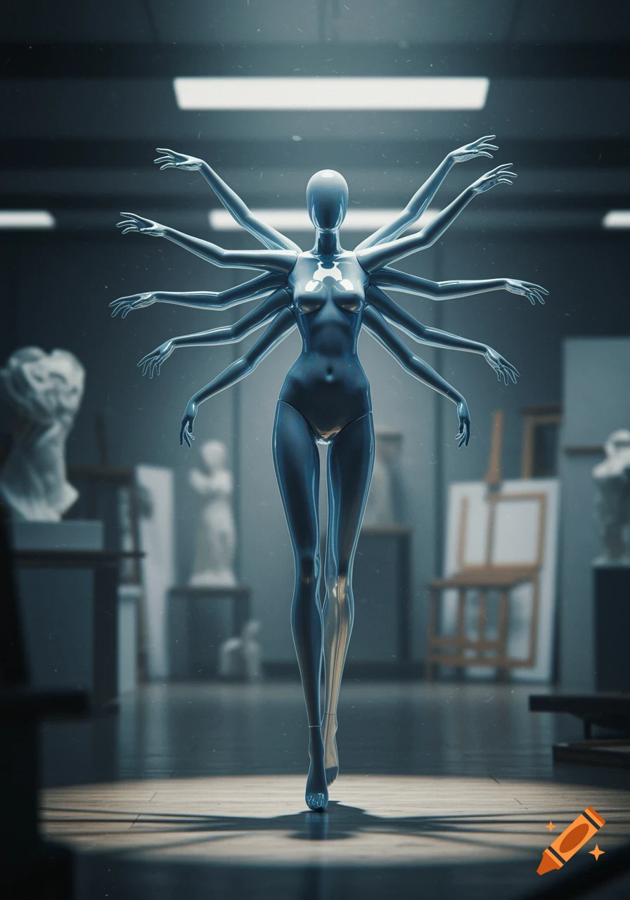 A sleek, multi-armed translucent mannequin stands in an art studio with sculptures in the background.