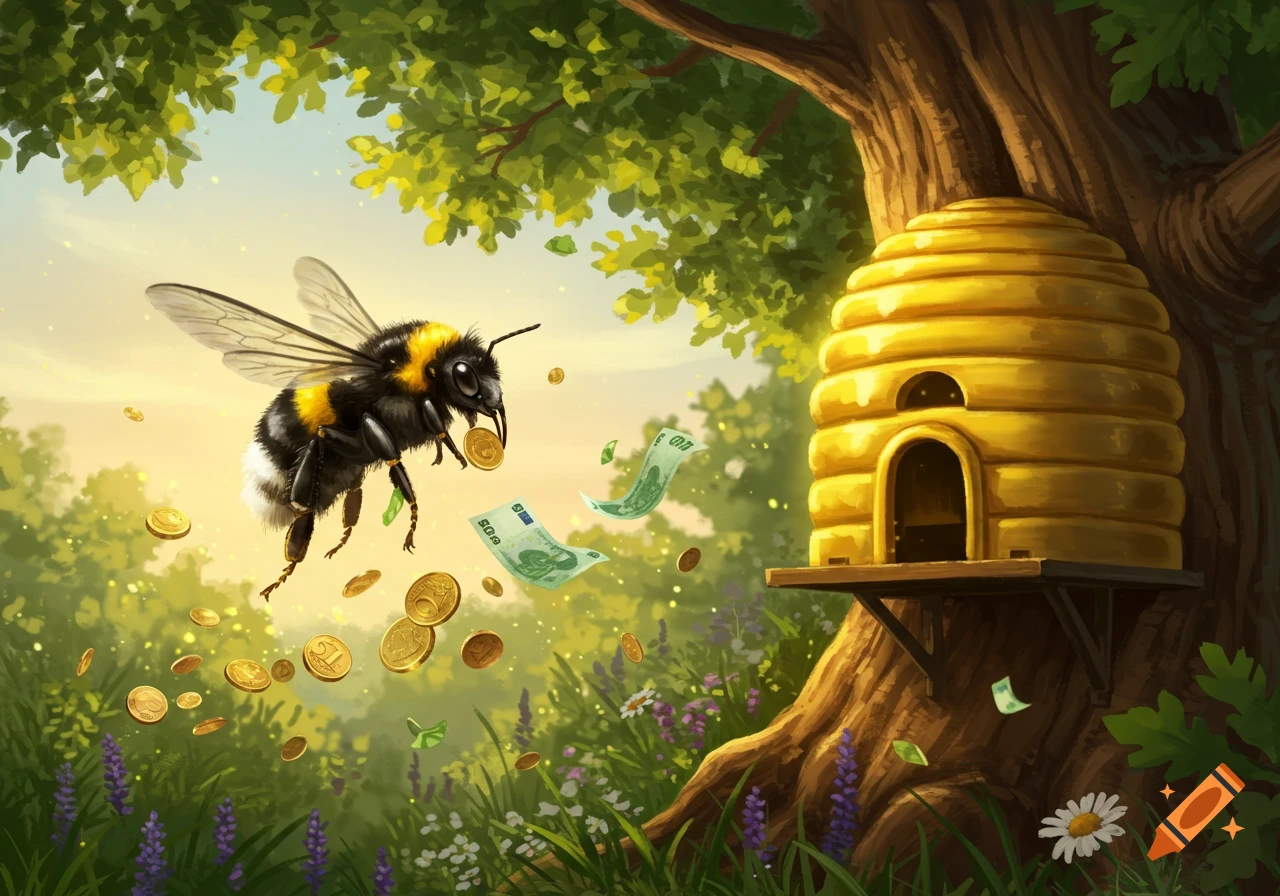A stylized painting of a bumblebee flying towards a beehive attached to a tree, surrounded by floating gold coins and green banknotes in a sunny, green landscape.