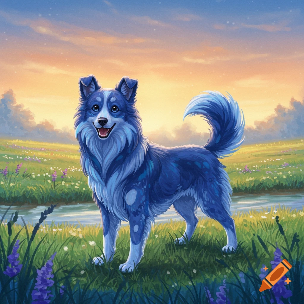 A happy blue dog with fluffy fur stands in a grassy field with a stream, under a colorful sunset sky in a digital painting style.