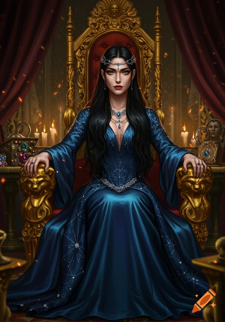 A digital painting of a dark-haired empress in a blue, star-patterned gown, seated on a golden throne in a grand hall.