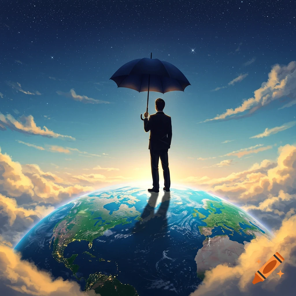 A man in a suit stands on top of planet Earth holding an umbrella, looking out at a starry sky with clouds.