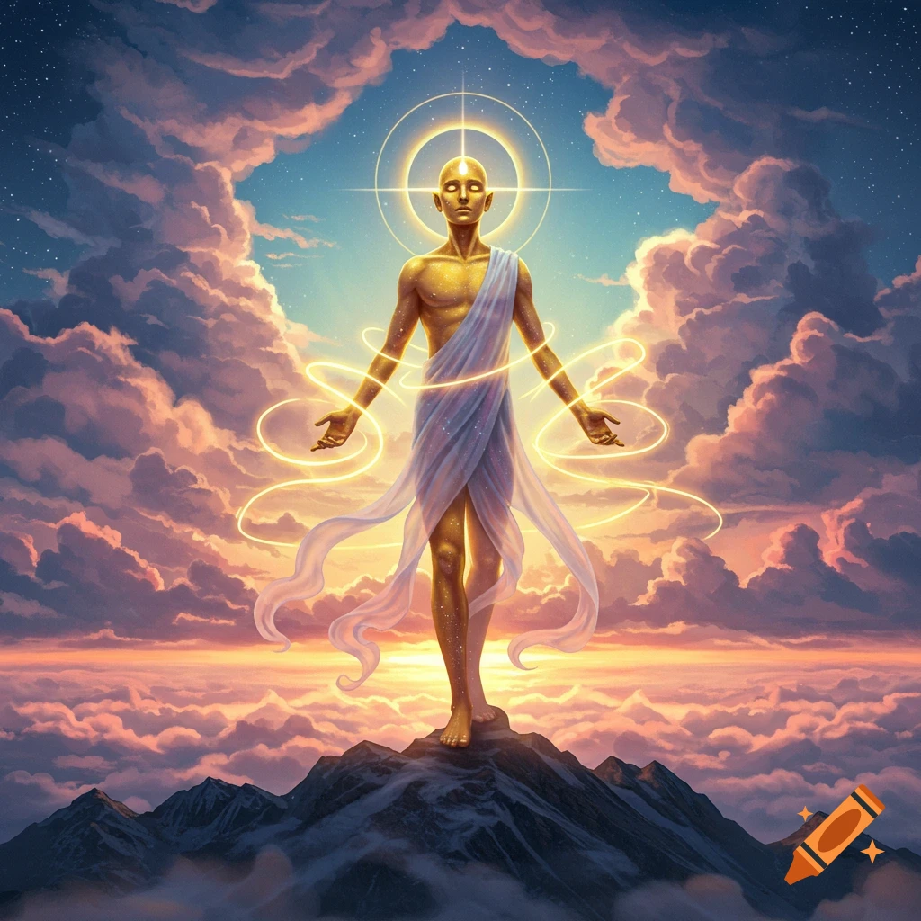 A golden god-like figure stands on a mountain peak, arms outstretched, glowing amidst vibrant clouds and a starry sky.