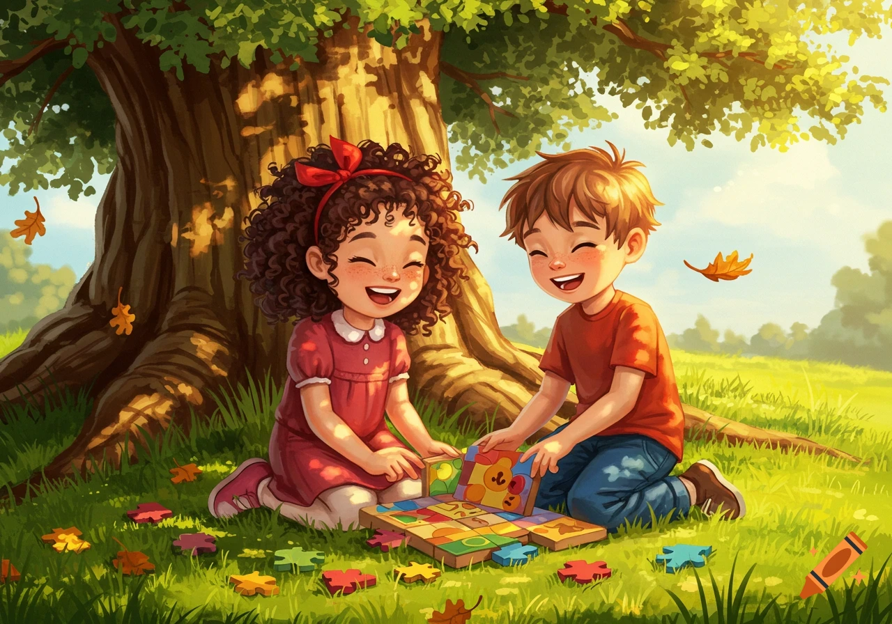 Two happy children with curly and straight hair smiling while playing a puzzle game under a large tree with falling autumn leaves.