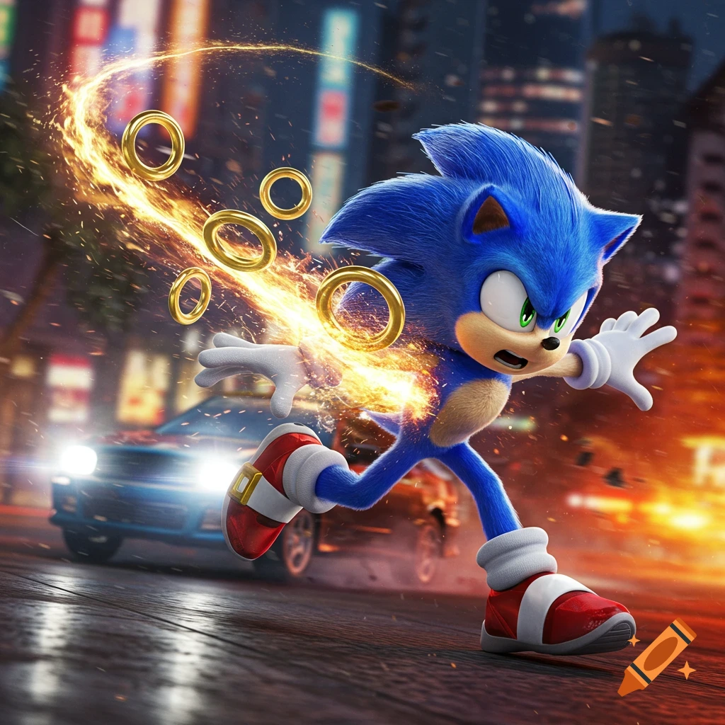 Photorealistic Sonic the Hedgehog runs at super speed, leaving a fiery trail with golden rings, on a city street at night.