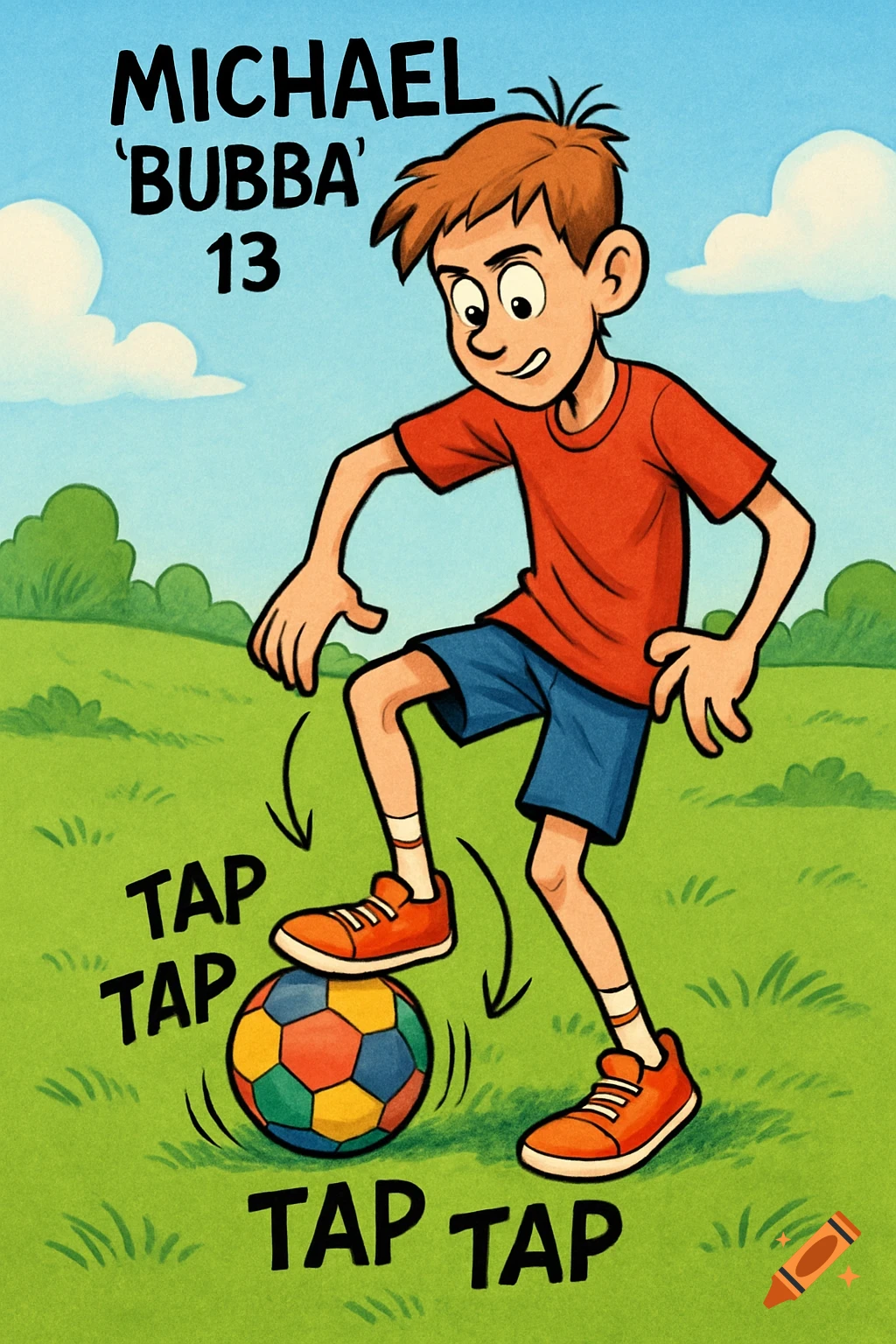 A cartoon boy, Michael 'Bubba', 13, in an orange shirt and blue shorts, does toe taps on a colorful soccer ball on a grassy field. Text reads 'TAP TAP'.