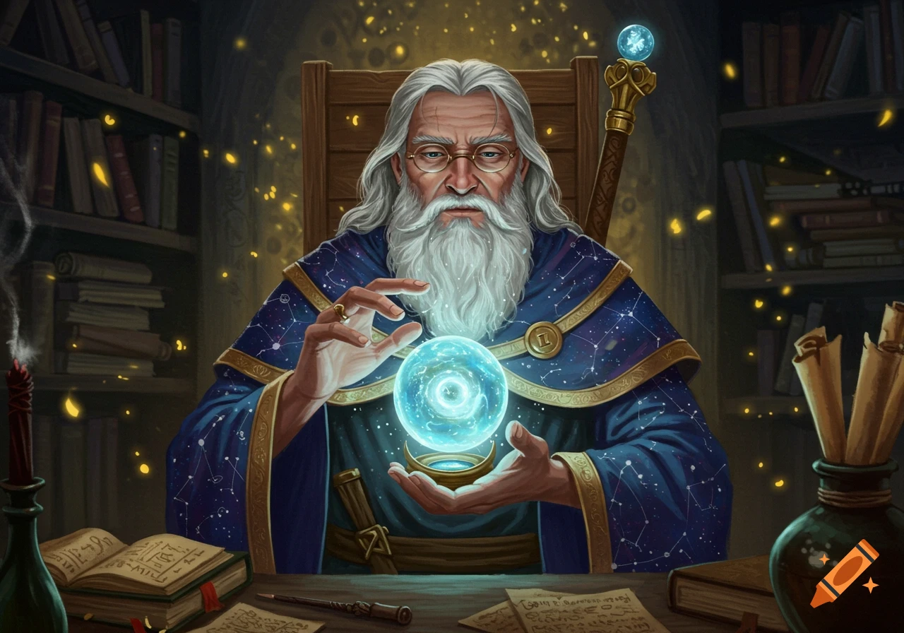 A white-bearded wizard in a blue robe with constellations gazes at a glowing crystal ball in a dimly lit library.