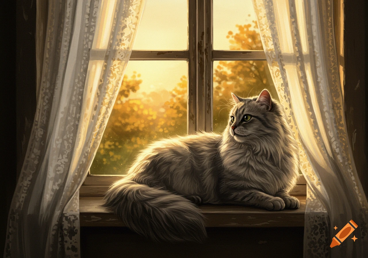 A fluffy gray cat with green eyes lies on a windowsill, gazing out at golden trees during sunset.